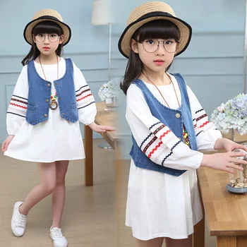 2020 nauja mergina vaikų pavasario rudens drabužių nustatyti baltos spalvos suknelė+džinsinio audinio liemenė liemenė,mergaites, vaikai, mada atsitiktinis tinka