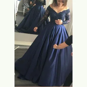 Naujas Elegantiškas Tamsiai Mėlyna Off Peties Long Sleeve Lace Motina Nuotakos Suknelės, Plungė V Kaklo Vestuvių Svečių Suknelės Visas Ilgis