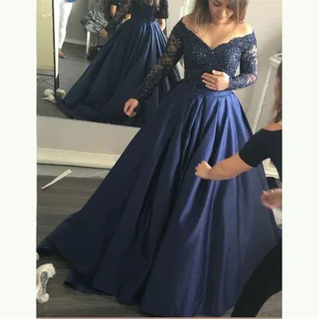 Naujas Elegantiškas Tamsiai Mėlyna Off Peties Long Sleeve Lace Motina Nuotakos Suknelės, Plungė V Kaklo Vestuvių Svečių Suknelės Visas Ilgis