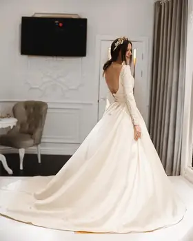 2020 Elegantiškas Satino Linija Vestuvių Suknelės Ilgomis Rankovėmis Backless Ilgas Traukinys Su Mygtukais Vestuvinės Suknelės Nuotakos Suknelė Pagal Užsakymą