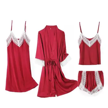 Vasaros Satino Pižama Nustatyti Moterys Naujas 4PCS Sleepwear Nėrinių Kratinys Kimono Suknelė Moterų Miego Nustatyti Atsitiktinis Pižamos Tiktų Namų Drabužiai