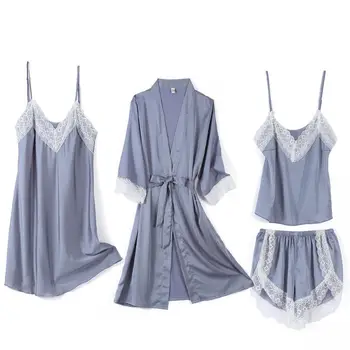 Vasaros Satino Pižama Nustatyti Moterys Naujas 4PCS Sleepwear Nėrinių Kratinys Kimono Suknelė Moterų Miego Nustatyti Atsitiktinis Pižamos Tiktų Namų Drabužiai
