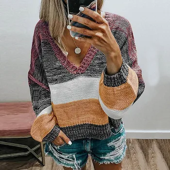 Moterų Cardigan Megztiniai Megztinis Multi-colored Susiuvimo Dryžuotas V-kaklo Atsitiktinis Megzti Megztinis ilgomis Rankovėmis Viršutiniai drabužiai negabaritinius