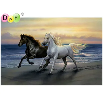 DPF kvadratiniu 5DDIY Diamond Tapybos Kryželiu Black White Horse deimantas, kalnų krištolas Siuvinėjimo diamond Mozaika, Tapyba Dovana