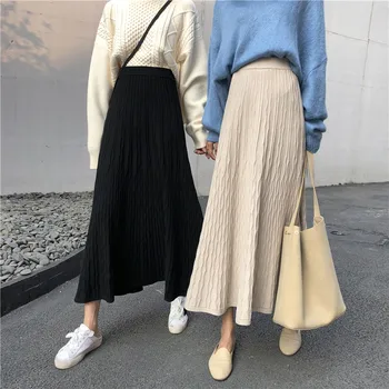2020 M. Rudens Žiemos Moterų Mados Aukštos Juosmens Megzti Midi-Line Sijonai Vidurio Blauzdos Elegantiškas Korėjos Stiliaus Kietas Ilgas Sijonas