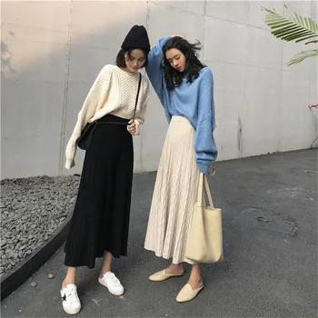 2020 M. Rudens Žiemos Moterų Mados Aukštos Juosmens Megzti Midi-Line Sijonai Vidurio Blauzdos Elegantiškas Korėjos Stiliaus Kietas Ilgas Sijonas