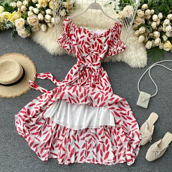 2020 Metų Vasaros Pajūrio Korėja Mada Moterims, Elegantiškas Saldus Spausdinti Velniop Kaklo Imperija-Line Suknelė Vestidos H453
