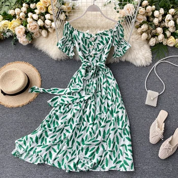 2020 Metų Vasaros Pajūrio Korėja Mada Moterims, Elegantiškas Saldus Spausdinti Velniop Kaklo Imperija-Line Suknelė Vestidos H453