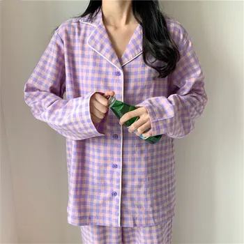 Karšto Pardavimo Korėjos Stiliaus Tinklelis Mergaičių Naktiniai Marškiniai, Pižamos Nustatyti Mielas Žiemos Ilgos Rankovės Laisvalaikio Sleepwear Moterų Prarasti Naktiniai Drabužiai Homewear Kostiumas