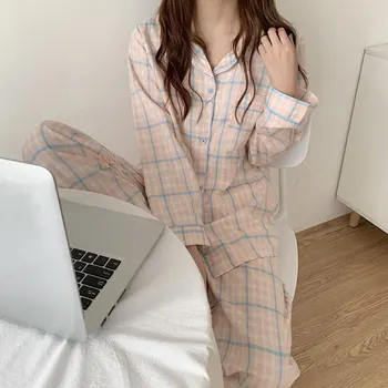 Karšto Pardavimo Korėjos Stiliaus Tinklelis Mergaičių Naktiniai Marškiniai, Pižamos Nustatyti Mielas Žiemos Ilgos Rankovės Laisvalaikio Sleepwear Moterų Prarasti Naktiniai Drabužiai Homewear Kostiumas