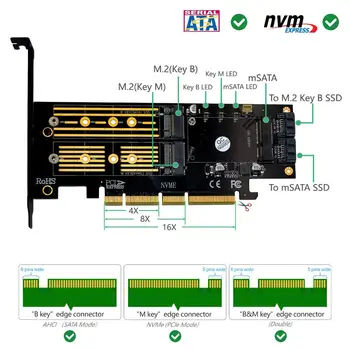 Versijos 3 in 1 Msata ir M. 2 NGFF NVME SATA SSD su PCI-E 4X ir SATA3 Adapteris su Heatsink