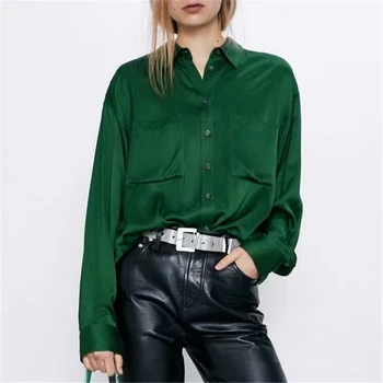 Elegantiškas Moteris, Vientisos Žalios Satino Marškinėliai 