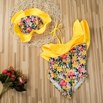 Baby Girl maudymosi kostiumėlį Bikini Vienas Gabalas 2018 M. Vasaros Geltonos spalvos Gėlių Spausdinti maudymosi Kostiumėliai, Jumper Jumpsuit+Hat 2vnt Apranga Vaikams maudymosi kostiumėlį