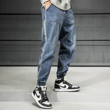 Mados Streetwear Vyrų Džinsai Mėlyna Spliced Dizaineris Techninis Apačioje Krovinių Kelnės Haremo Džinsų Pusėje Juostele Hip-Hop Poilsiu Džinsai Vyrams