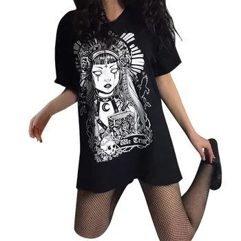 Atsitiktinis Moterų Gatvės Gotikos Stiliaus Suknelė Punk Kieto Juoda Retro Atspausdintas T-Shirt, Suknelė, Laisvas Trumpas Rankovės 2020 M. Vasarą Mini Suknelė