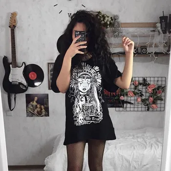 Atsitiktinis Moterų Gatvės Gotikos Stiliaus Suknelė Punk Kieto Juoda Retro Atspausdintas T-Shirt, Suknelė, Laisvas Trumpas Rankovės 2020 M. Vasarą Mini Suknelė