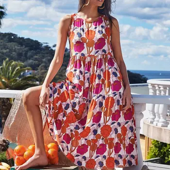 Muyogrt Moterų Bohemijos Rankovių Gėlių Spausdinti Sundress Vasaros Suknelė Drabužius, Vintage Kaftan Paplūdimio Vestido Femme Prarasti Ilga Suknelė