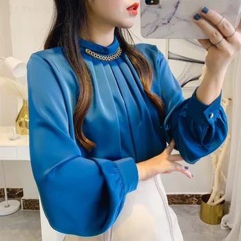 Office lady mėlyna satino palaidinės elegantiškas moteris visą rankovės baltos spalvos palaidinė blusas mujer de moda 2021