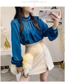 Office lady mėlyna satino palaidinės elegantiškas moteris visą rankovės baltos spalvos palaidinė blusas mujer de moda 2021