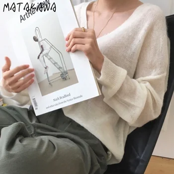MATAKAWA ilgomis rankovėmis Megzti Megztinis 2020 Trumpas Kailis Korėja Ins Rudenį Prarasti Mygtuką V-kaklo, moteriški Megztiniai