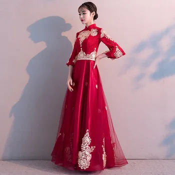 Skrudinta duona drabužių nuotaka vasarą ilgai skyriuje Kinų stiliaus aukšto juosmens nėščioms moterims raudona vestuvių mados vakarą suknelė qipao