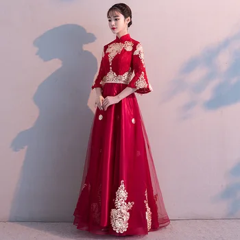 Skrudinta duona drabužių nuotaka vasarą ilgai skyriuje Kinų stiliaus aukšto juosmens nėščioms moterims raudona vestuvių mados vakarą suknelė qipao