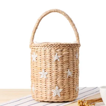 Nešiojamų kibirą austa maišelį ranka atlikti vertus, siuvinėjimo žvaigždės šypsena veide šiaudų maišą kolegijos vėjo vasaros atostogų paplūdimio krepšys