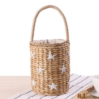 Nešiojamų kibirą austa maišelį ranka atlikti vertus, siuvinėjimo žvaigždės šypsena veide šiaudų maišą kolegijos vėjo vasaros atostogų paplūdimio krepšys