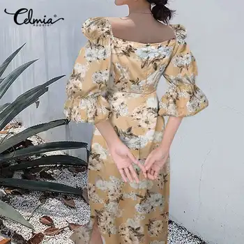2021 Derliaus Gėlių Spausdinti Suknelės Celmia Moterų Elegantiškas Sluoksniuotos Rankovėmis Vestidos Moterų Sexy Aukšto Juosmens Ritininės Plius Dydžio Drabužius Mujer