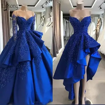 Royal Blue Lace Zawalcowany 2 Vnt Vestuvinių Suknelių 2019 M. Derliaus Visą Rankovėmis Puošnios Nuotakos Suknelė Nuimamas Sijonai Chalatas De Mariee