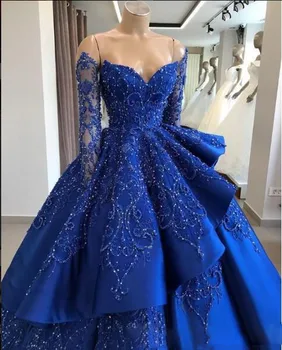 Royal Blue Lace Zawalcowany 2 Vnt Vestuvinių Suknelių 2019 M. Derliaus Visą Rankovėmis Puošnios Nuotakos Suknelė Nuimamas Sijonai Chalatas De Mariee