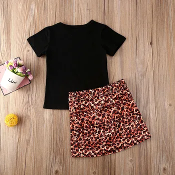 Pudcoco Bamblys Baby Girl Vasaros Drabužių Laiškas Išspausdintas trumpomis Rankovėmis Viršūnes T-Shirt+Leopard Sijonas 2VNT Komplektus, Rinkinius