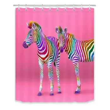 Spalvinga Juostelės Zebras Spausdinti Dušo Užuolaidos Meno Vonios kambarys Dekoro Gyvūnų Rožinės spalvos Vandeniui Poliesterio Audinio Vonios Užuolaidėlės su Kabliukais
