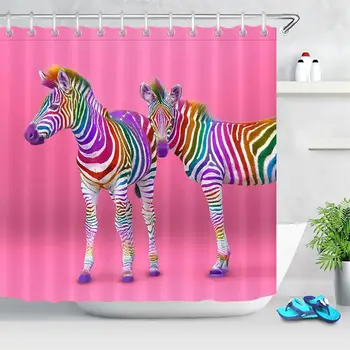 Spalvinga Juostelės Zebras Spausdinti Dušo Užuolaidos Meno Vonios kambarys Dekoro Gyvūnų Rožinės spalvos Vandeniui Poliesterio Audinio Vonios Užuolaidėlės su Kabliukais