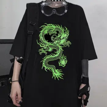 Moteris Poliesteris T Shirts Harajuku Dragon Ropa Mujer Y2k Viršūnes Estetinės Vintage marškinėliai korėjos Stiliaus Negabaritinių Viršūnės