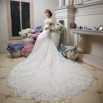 Prabangus Baltas Arabų Kamuolys Suknelė Vestuvių Suknelės Katedra Traukinio 2020 Zawalcowany blizgančiais Liemenė Valtis Kaklo vestuvių suknelė Vestuvių Suknelės