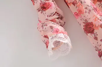 Saldus Jungiamąją Susiuvimo Gėlių Spausdinti Rožinės spalvos Ilgą Šifono Ruffles Rankovėmis Suknelė Moterims Single-breasted Mygtukai Mini Suknelės Atostogų