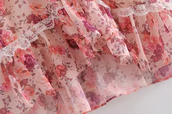 Saldus Jungiamąją Susiuvimo Gėlių Spausdinti Rožinės spalvos Ilgą Šifono Ruffles Rankovėmis Suknelė Moterims Single-breasted Mygtukai Mini Suknelės Atostogų