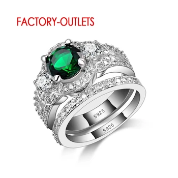 Elegantiškas Dizainas 2vnt 925 Žiedai Moterims, Elegantiška Žalia CZ Kristalų Dalyvavimas Vestuvių Piršto Žiedai Rinkinys