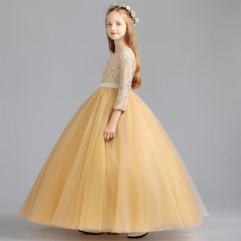Gėlių Mergaičių Suknelės Iliuzija Trys Ketvirtadaliai O-Kaklo Princesė Crystal Aukso Grindų Ilgis Tiulio Nėrinių Siuvinėjimo Vaikai Šalis Suknelė H160