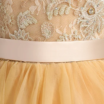 Gėlių Mergaičių Suknelės Iliuzija Trys Ketvirtadaliai O-Kaklo Princesė Crystal Aukso Grindų Ilgis Tiulio Nėrinių Siuvinėjimo Vaikai Šalis Suknelė H160