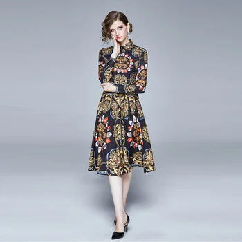 Mados Dizaineris Kilimo Ir Tūpimo Tako Marškinėliai Suknelė 2020 M. Pavasarį Moterys Ilgomis Rankovėmis Pasukite Žemyn Apykaklės Gėlių Spausdinti Vintage-Line Suknelė Vestidos