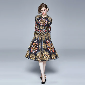 Mados Dizaineris Kilimo Ir Tūpimo Tako Marškinėliai Suknelė 2020 M. Pavasarį Moterys Ilgomis Rankovėmis Pasukite Žemyn Apykaklės Gėlių Spausdinti Vintage-Line Suknelė Vestidos