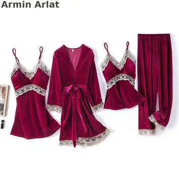 Armin Arlat 4PCS Seksuali Pižama Moterų Aukso Aksomo Pijama apatinis Trikotažas Atsitiktinis Žiemos Mados Sleepwear Nustatyti Nėrinių Kietas Pižamos Homgwear