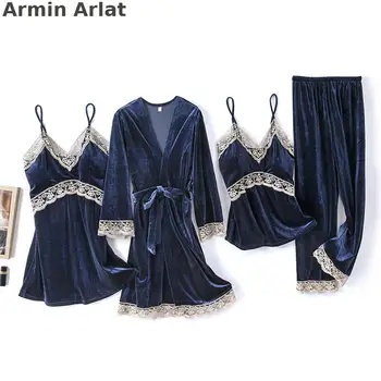 Armin Arlat 4PCS Seksuali Pižama Moterų Aukso Aksomo Pijama apatinis Trikotažas Atsitiktinis Žiemos Mados Sleepwear Nustatyti Nėrinių Kietas Pižamos Homgwear