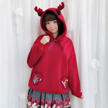 Kalėdų Raudona Briedžių Gražių Moterų Megztinis Palaidinukė Japonija Stiliaus Lolita Gobtuvu Moters Viršuje Mielas Saldus Mergaičių Ragų, Palaidinukė