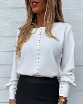 2020 metų Moteris Rudenį, Pavasarį Elegantiškos Elegantiškas Paprasto Mygtuką Dizainas Žibintų Rankovėmis Marškinėliai OLIS darbo drabužiai Lady ilgomis Rankovėmis Kieta Balta Palaidinė