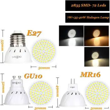 GU10 LED E27 Lempa MR16 Prožektoriai, Lemputės 36 54 72leds lampara 110V, 220V GU 10 bombillas led mr16 Lampada Vietoje šviesos 3W 5W 7W