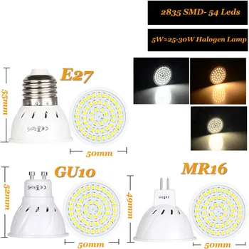 GU10 LED E27 Lempa MR16 Prožektoriai, Lemputės 36 54 72leds lampara 110V, 220V GU 10 bombillas led mr16 Lampada Vietoje šviesos 3W 5W 7W