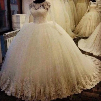 Kamuolys suknelė vestuvių suknelės, nėriniai įgulos iškirpte ilgomis rankovėmis, uždusęs tiulio nėrinių nuotakos suknelės vestido de festa longo